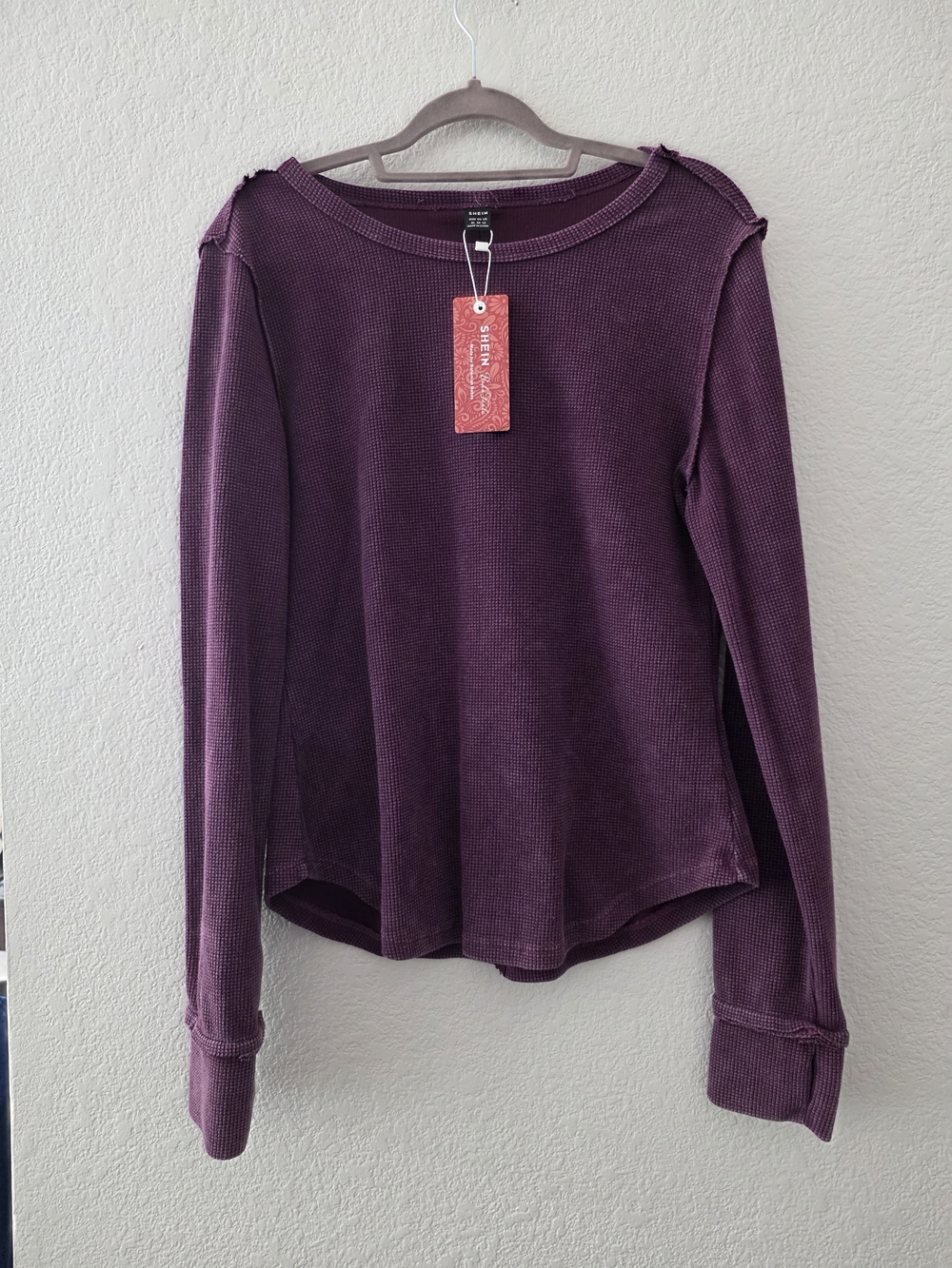 SHEIN Waffle Knit Long Sleeve Top - Plum